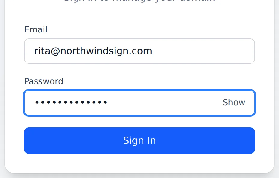 The Private Label Console sign-in form