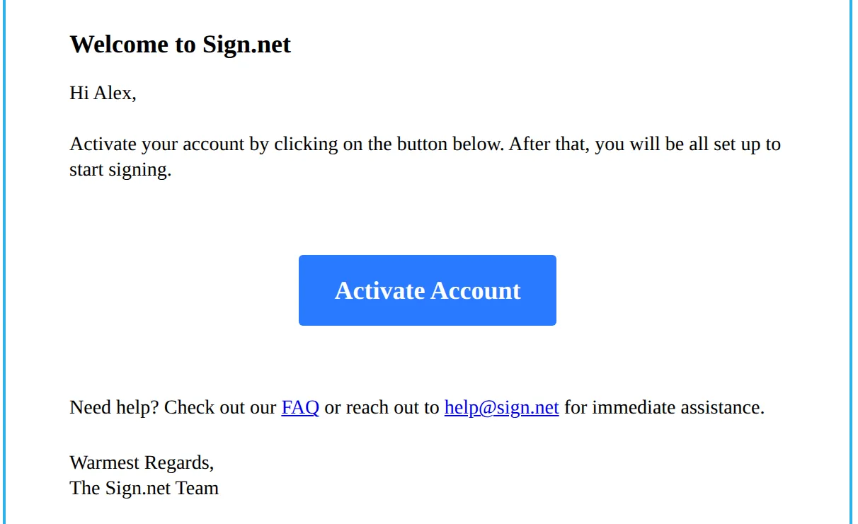 The Welcome to Sign.net email with its Activate Account button
