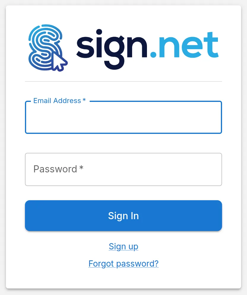 The Sign.net sign-in page, with the Sign up link under the Sign In button