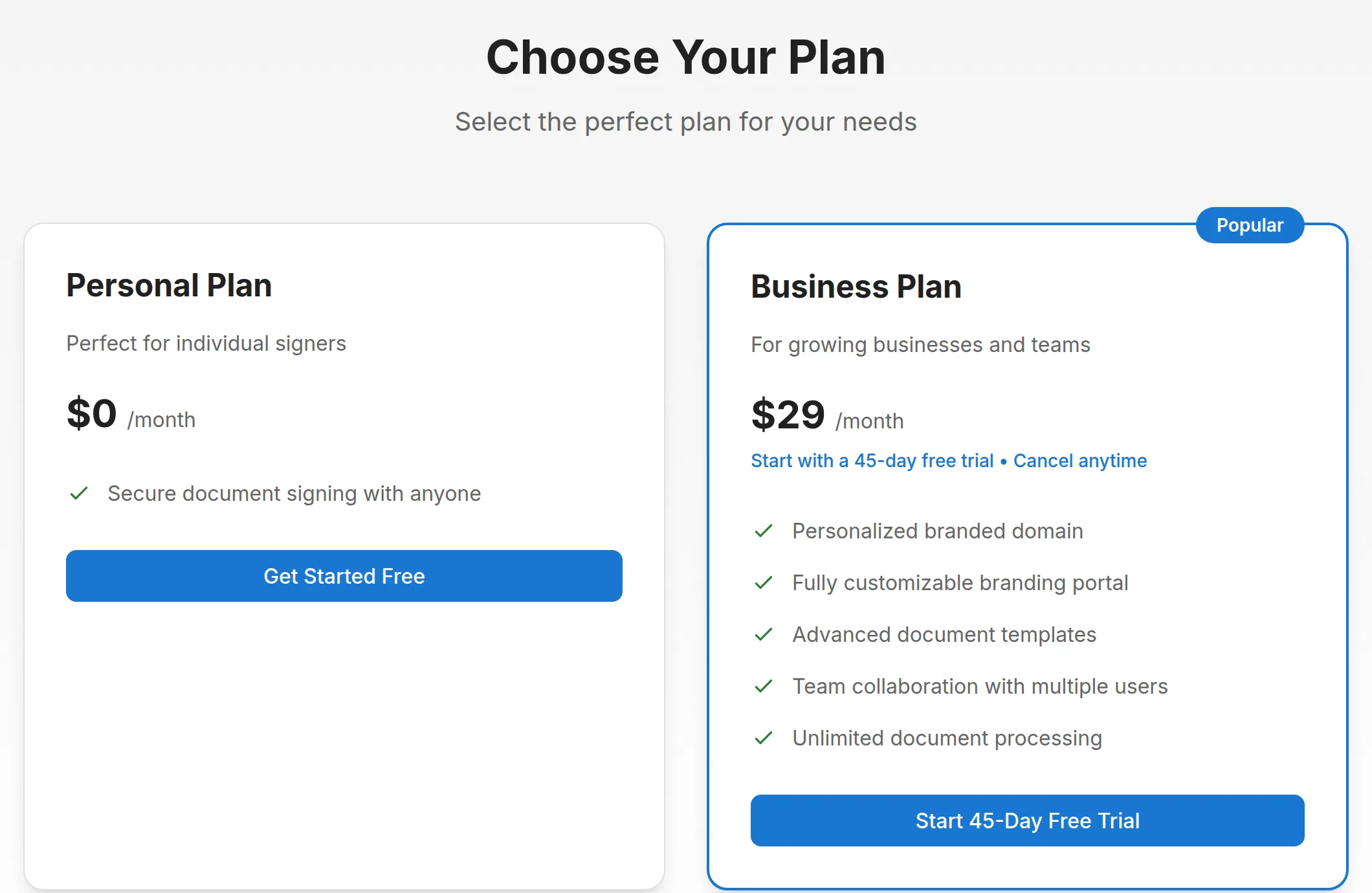Choose Your Plan, with the free Personal Plan and the Business Plan side by side