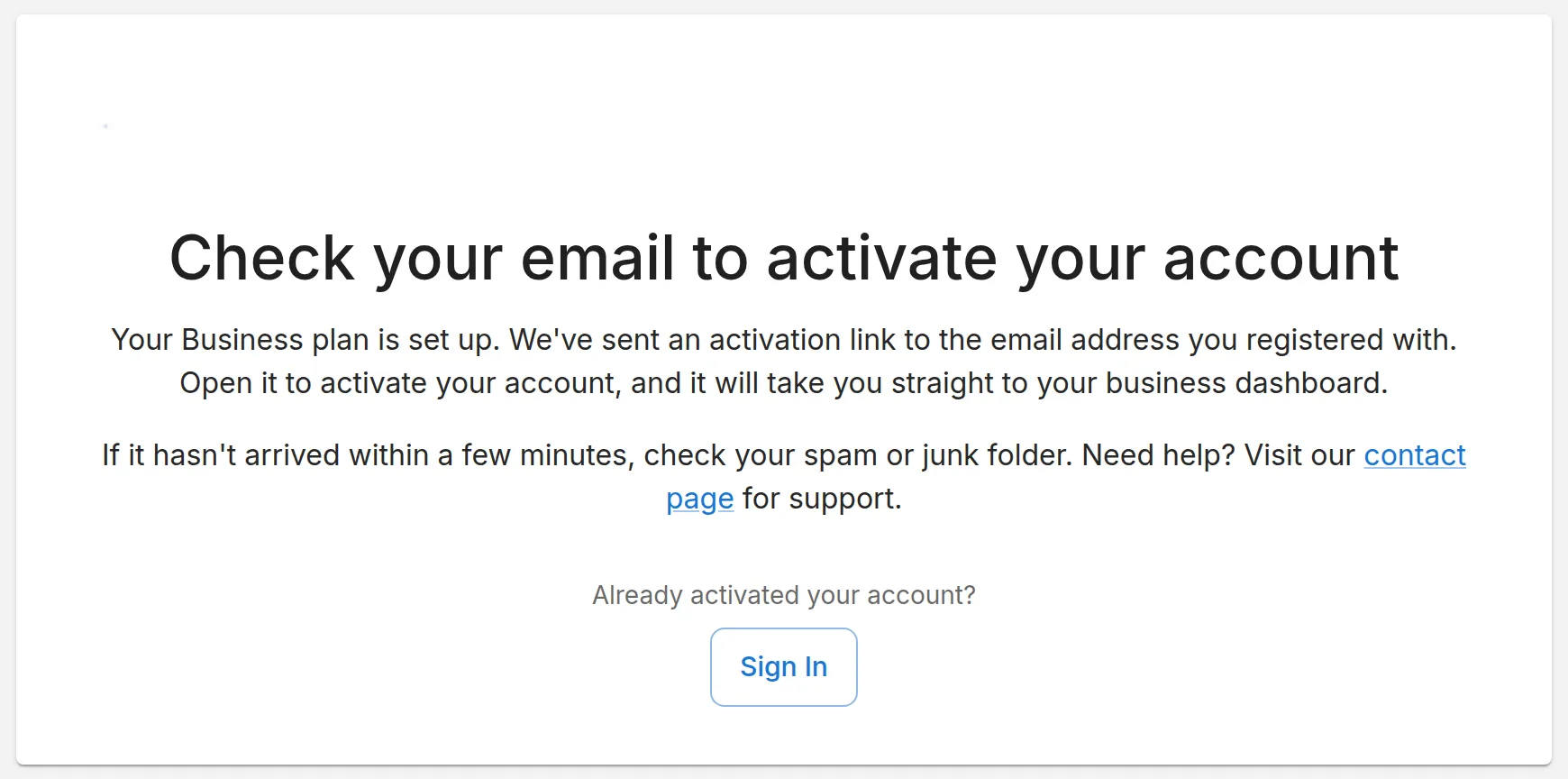 Check your email to activate your account, shown after the business checkout