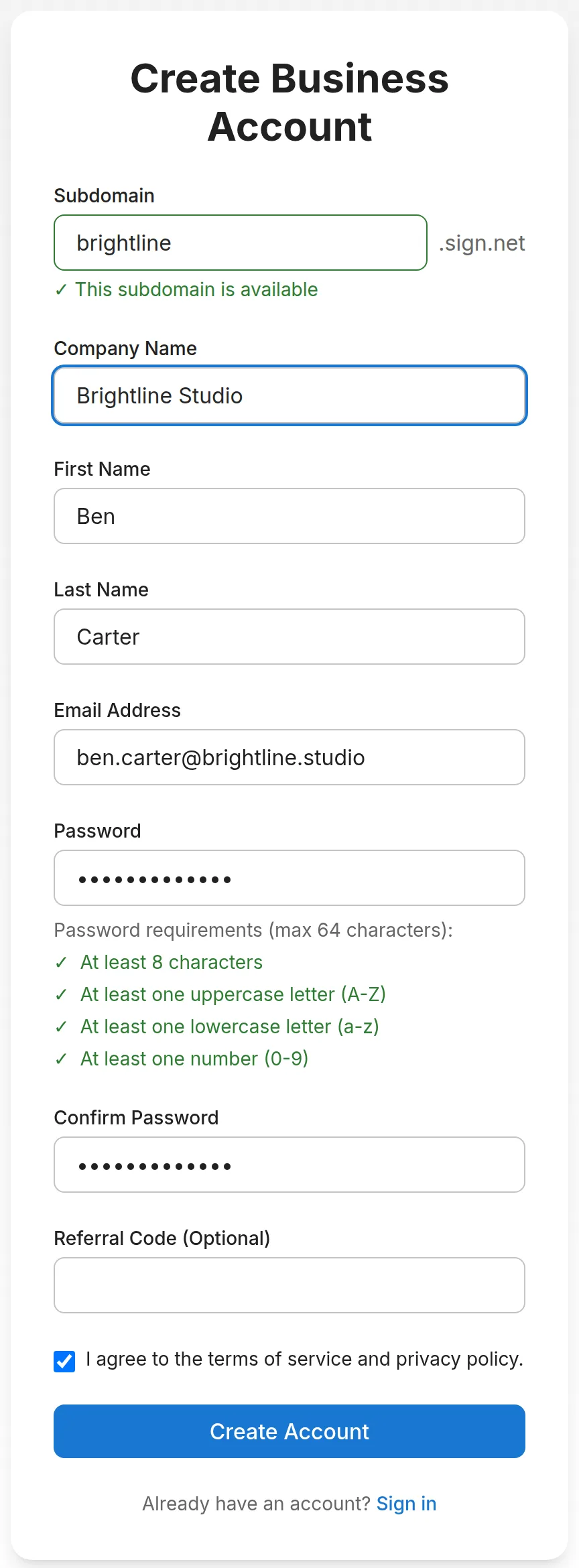 The Create Business Account form, with the subdomain brightline shown as available