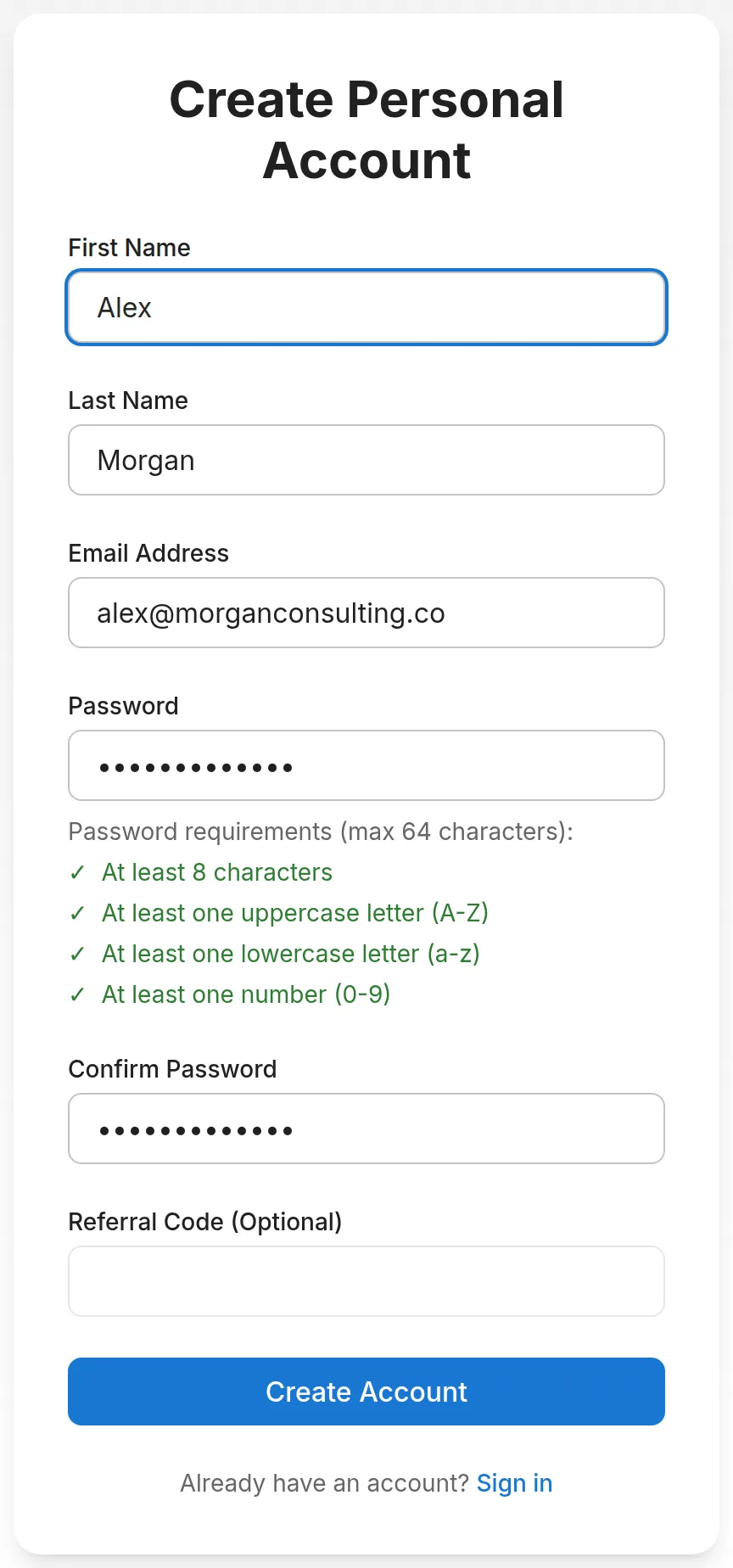 The Create Personal Account form, filled in, with every password rule ticked