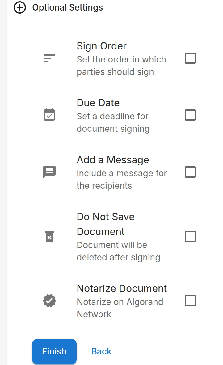 Optional Settings: Sign Order, Due Date, Add a Message, Do Not Save Document and Notarize Document