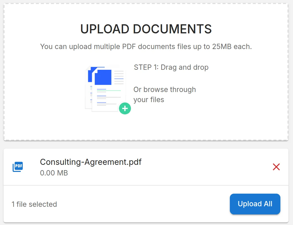 The Upload Documents box with one PDF chosen and the Upload All button