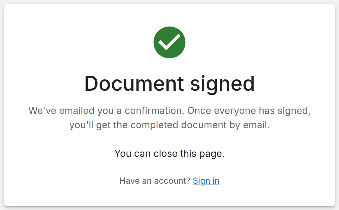 The Document signed confirmation page