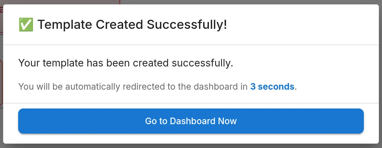 The Template Created Successfully! dialog