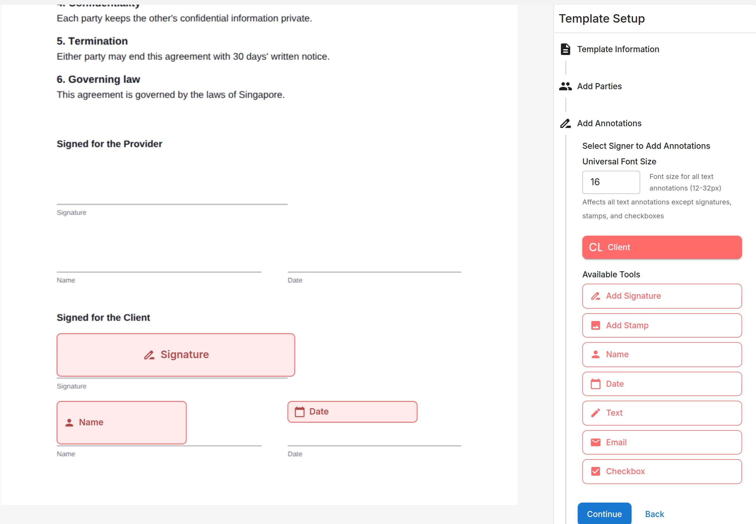 Signature, name and date fields placed for the Client role