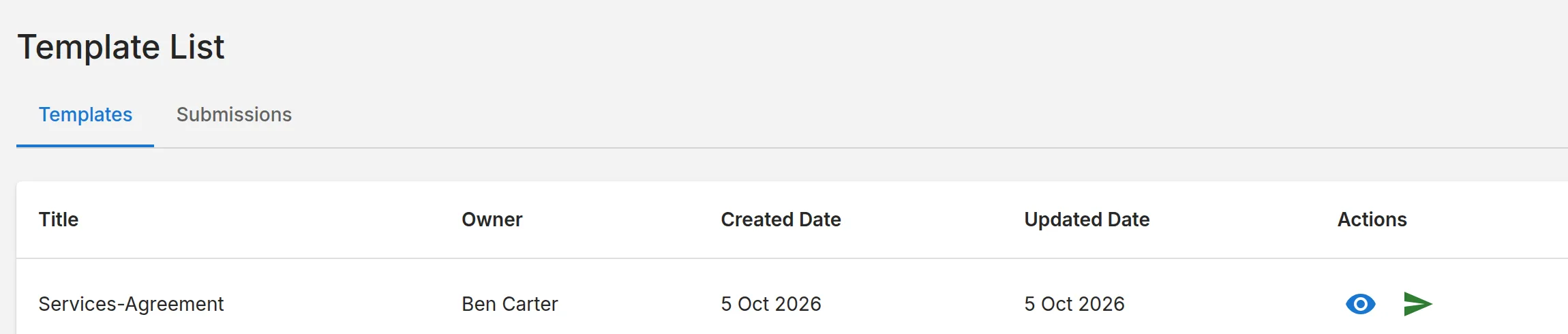The new template in the Template List, with its view and send buttons