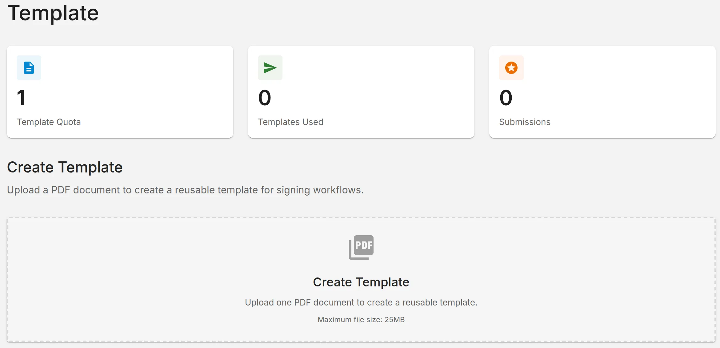 The Template page with its quota cards and the Create Template upload box