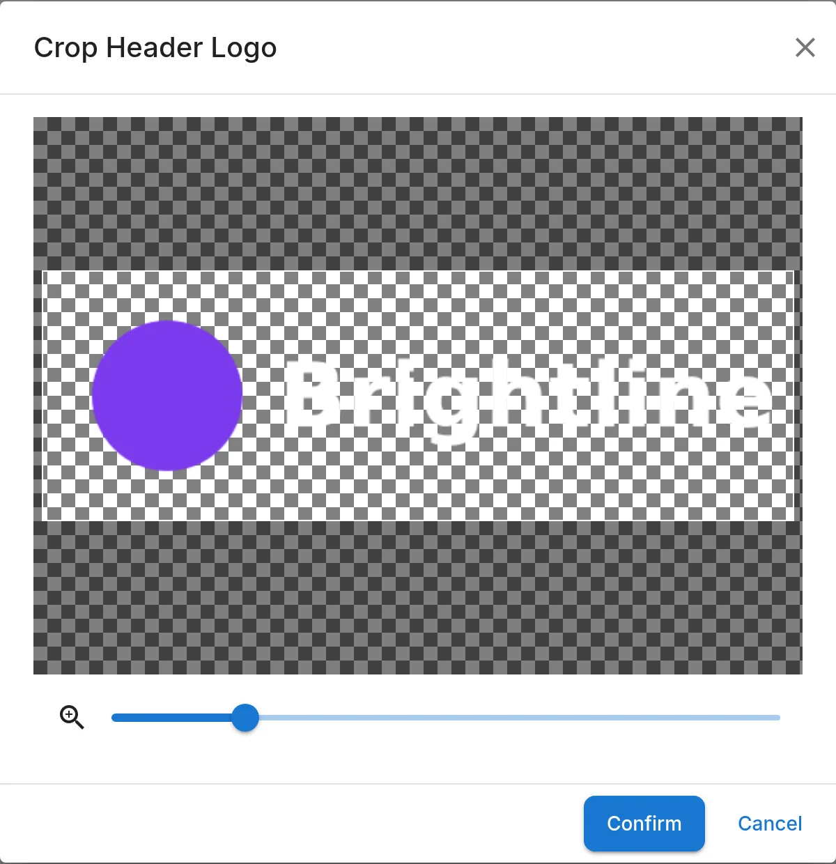 The Crop Header Logo dialog with the Confirm button