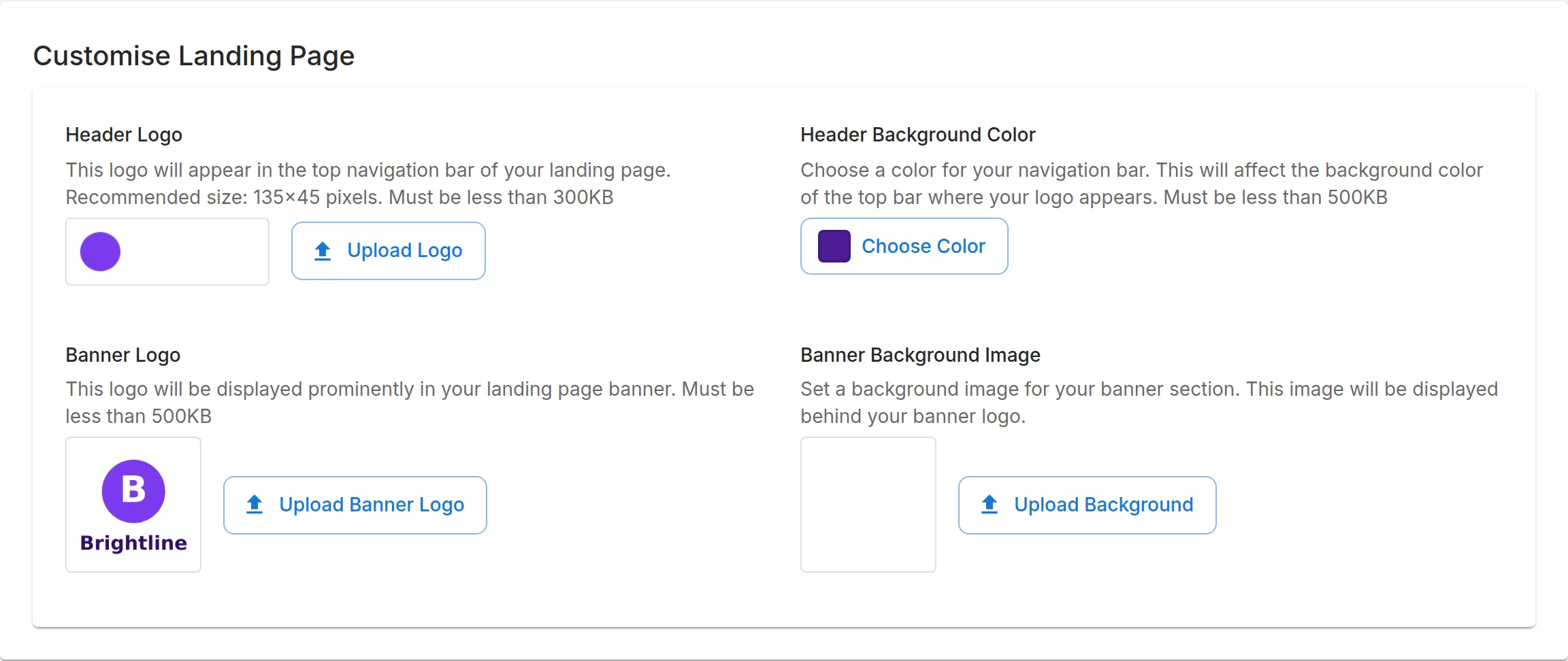 Customise Landing Page: Header Logo, Header Background Color, Banner Logo and Banner Background Image