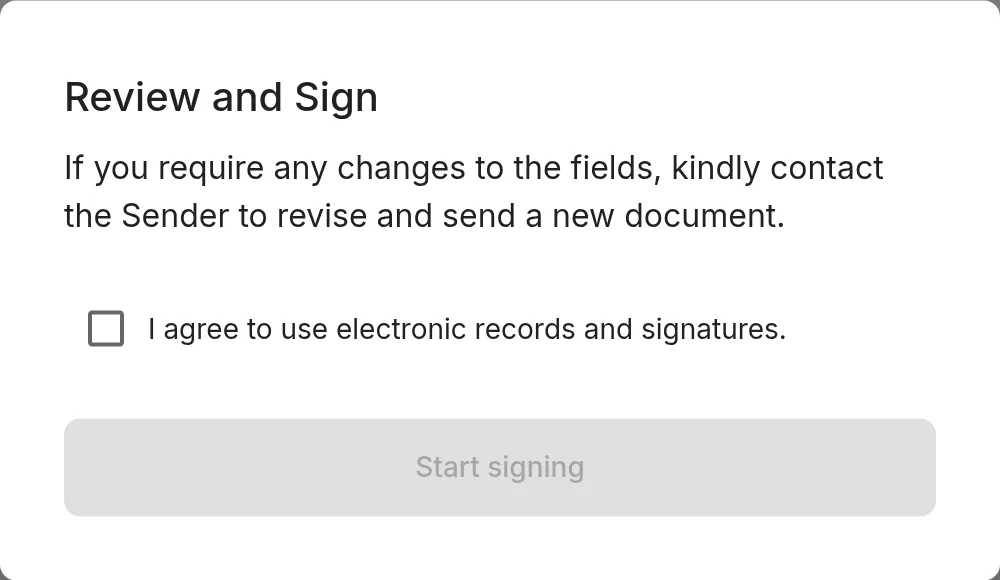The Review and Sign dialog with its agreement checkbox and Start signing button