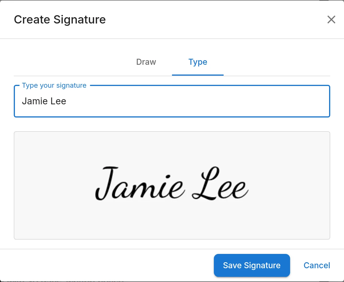 The Create Signature dialog on its Type tab