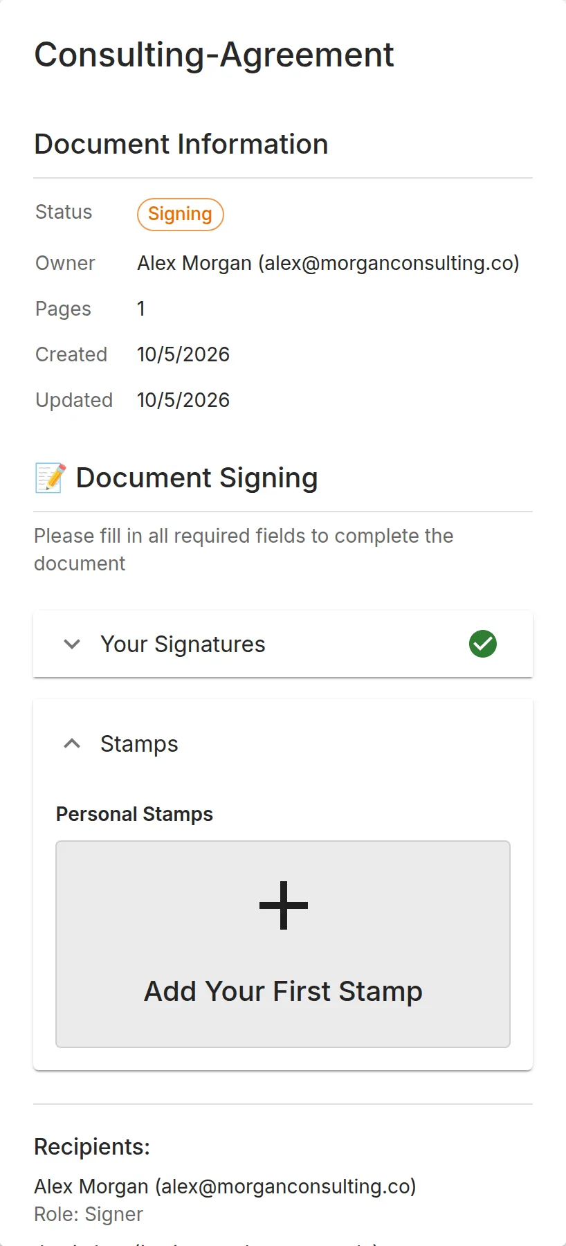 Fields to complete, every field ticked, and the Sign Document button
