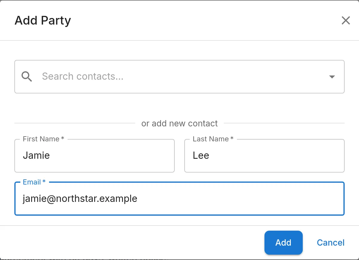 The Add Party dialog with a first name, last name and email entered