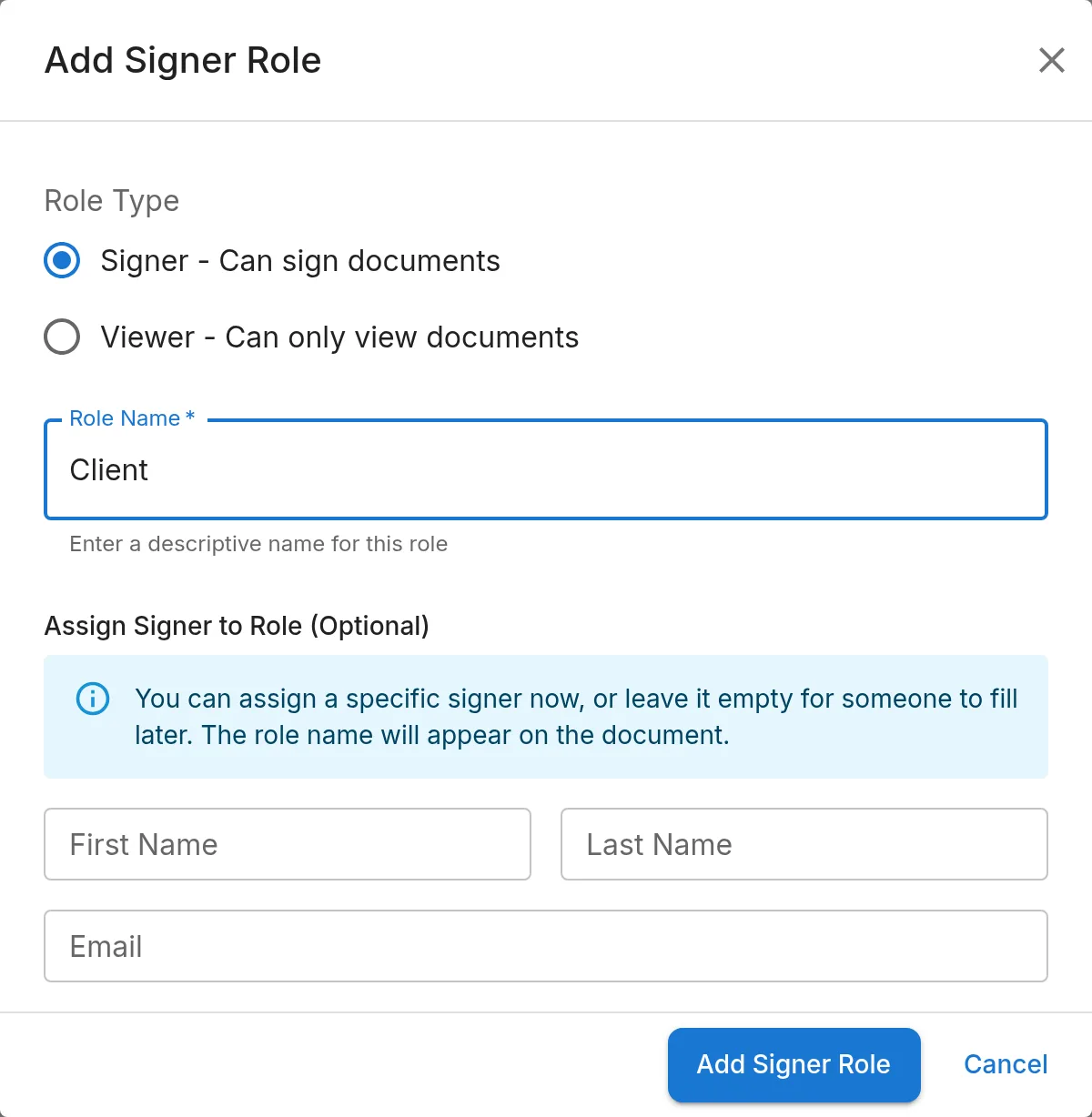 The Add Signer Role dialog with the role name Client
