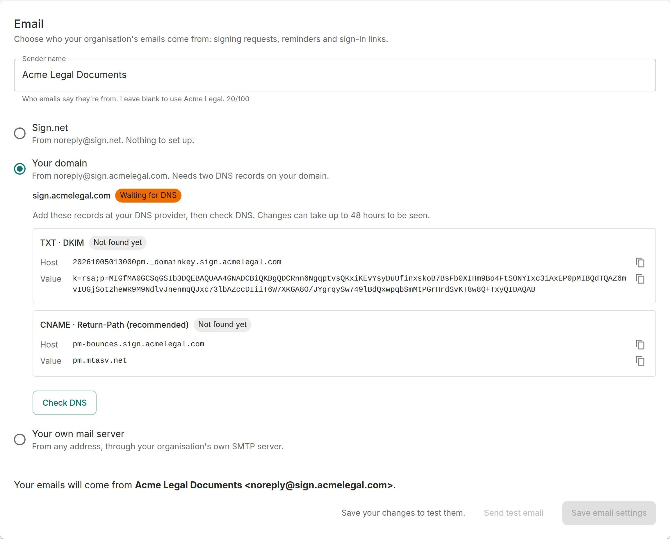 Your domain set up: the DKIM TXT record and the Return-Path CNAME, waiting for DNS