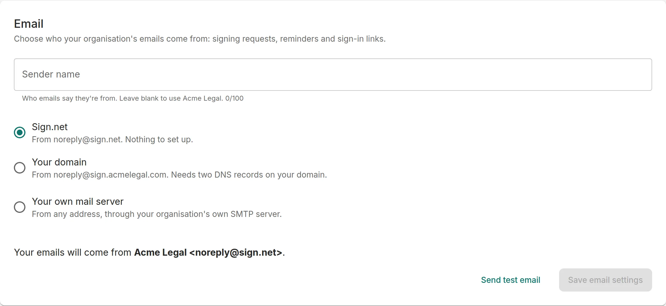 The Email card: Sender name and the three Send emails from options