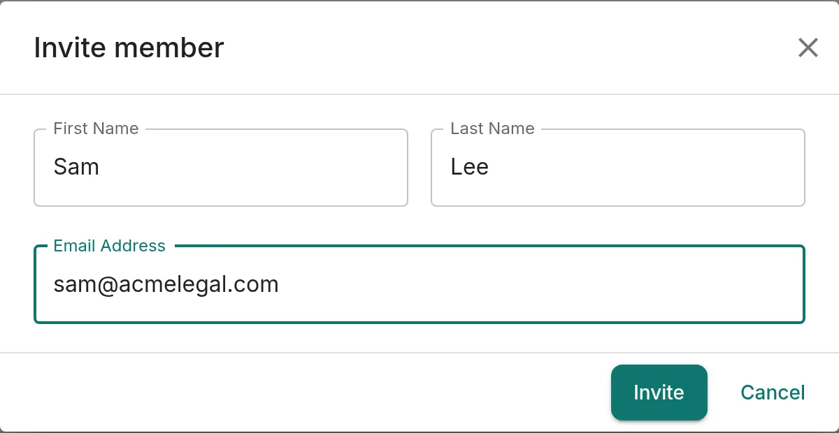 The Invite member dialog with a first name, last name and email address