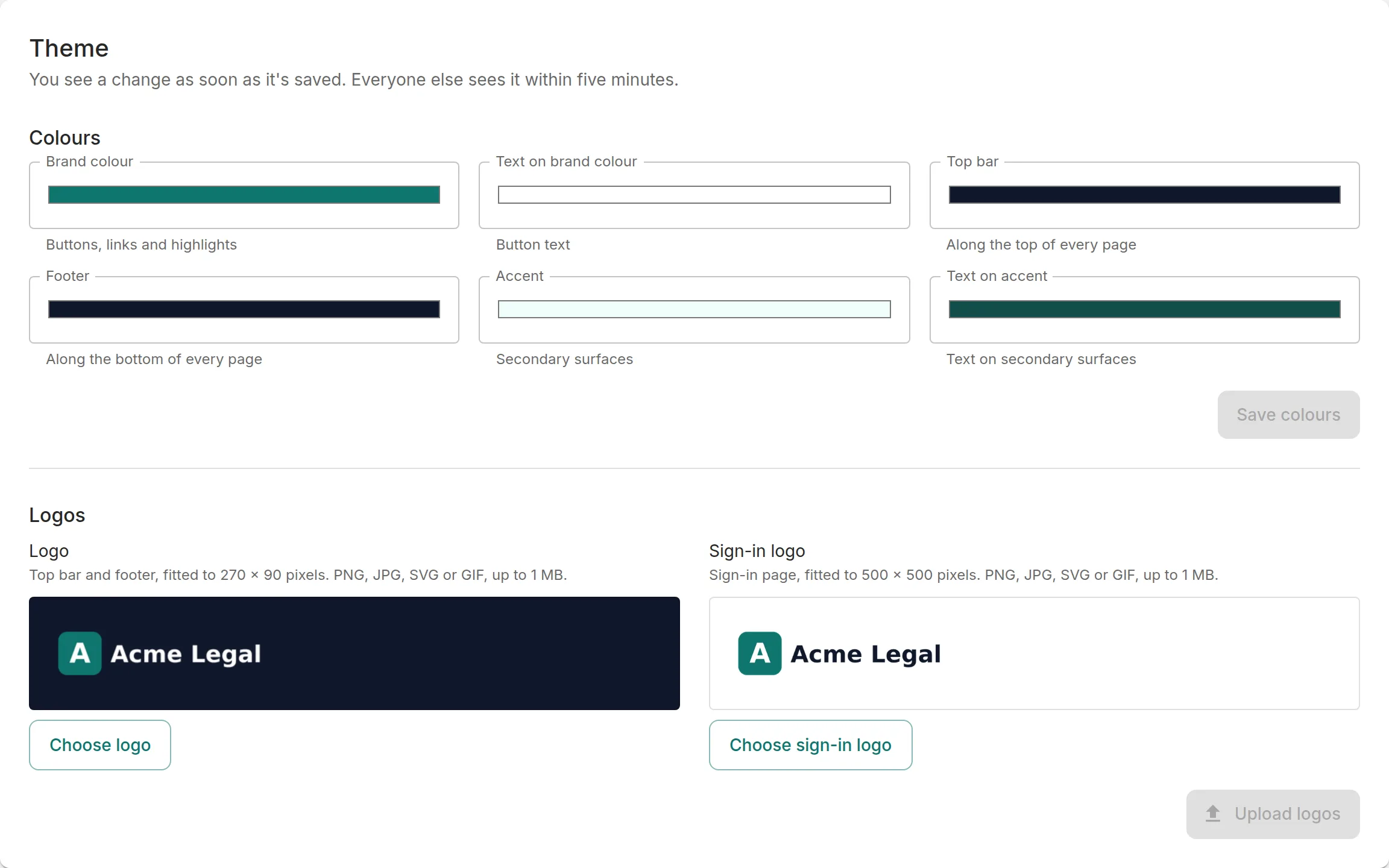 The Theme card: six colours and the Logo and Sign-in logo pickers