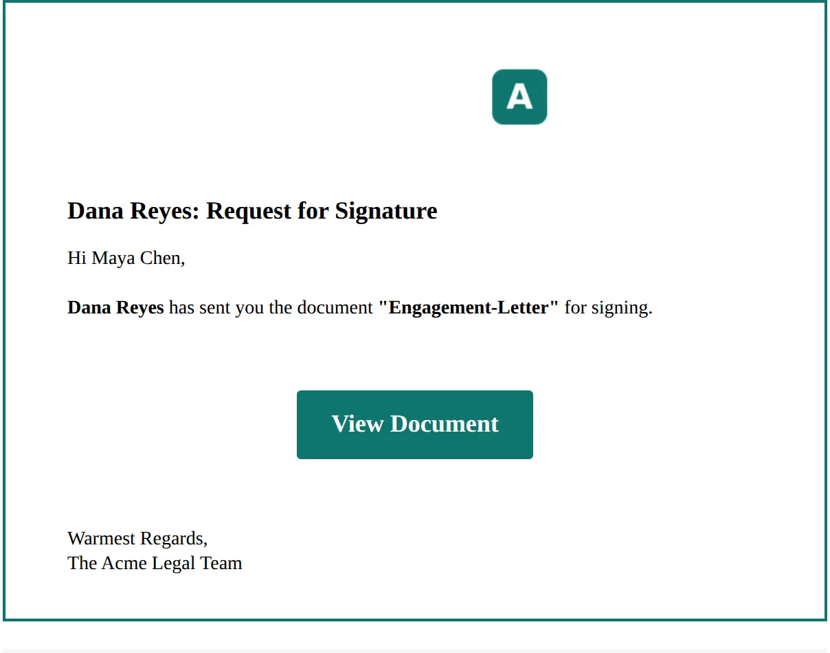 A Request for Signature email from Acme Legal, in its colours and signed The Acme Legal Team
