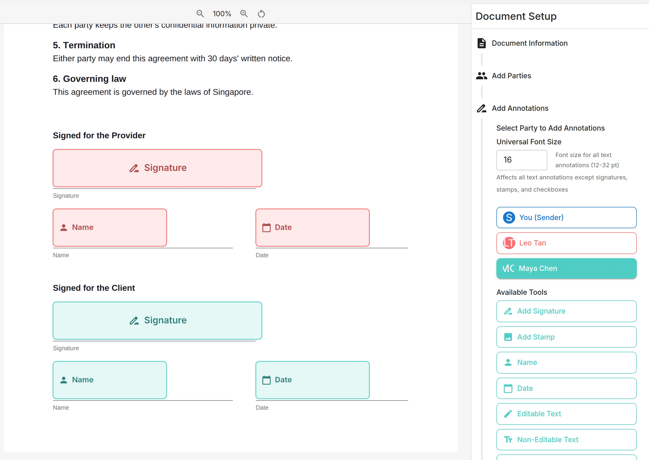 Fields placed for two signers on the Acme Legal portal