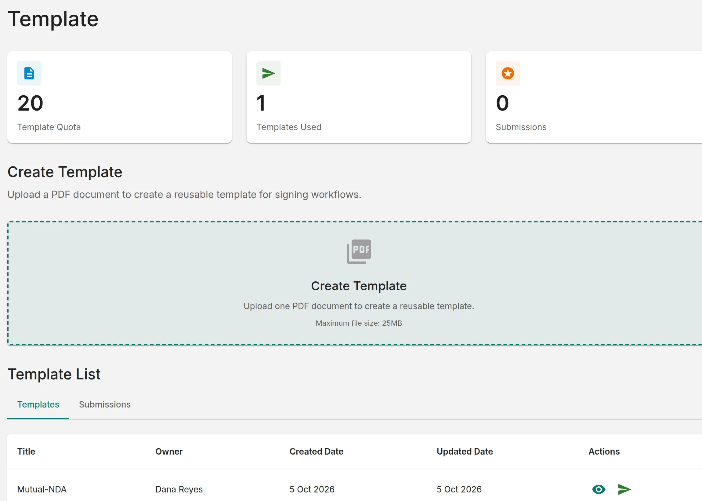 The Template page on the Acme Legal portal, with a quota of 20 and one template
