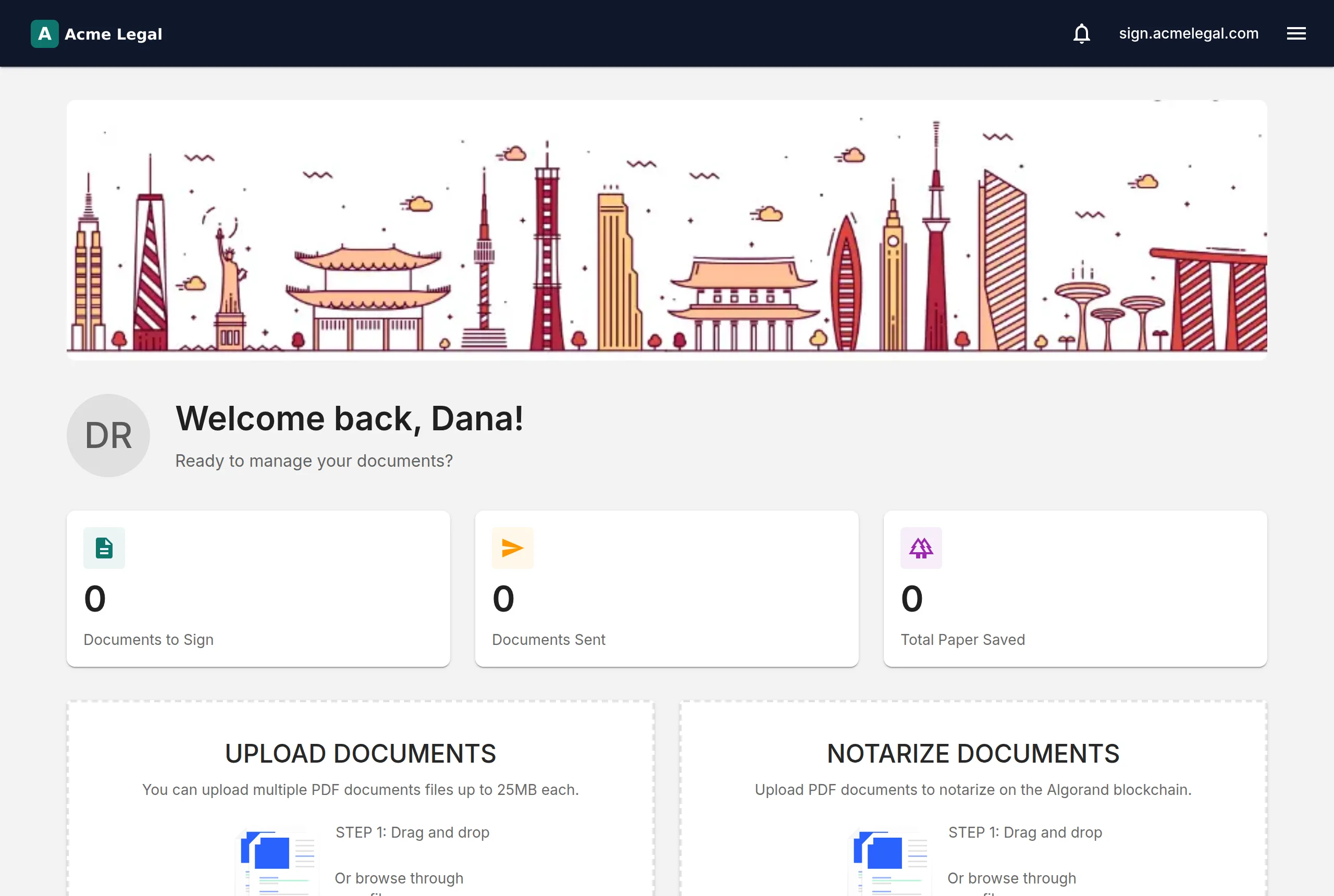 The Acme Legal portal's dashboard in its own colours and logo
