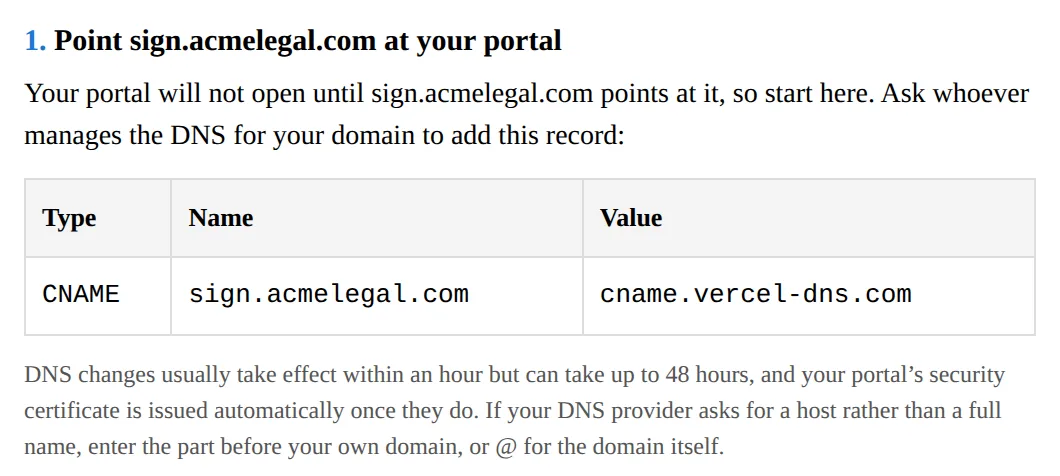 Step 1 of the welcome email: the CNAME record to add for sign.acmelegal.com