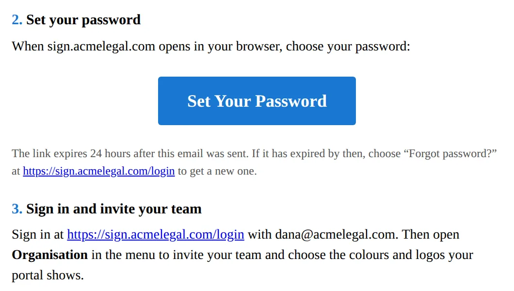 Steps 2 and 3 of the welcome email: Set Your Password, then sign in and invite your team