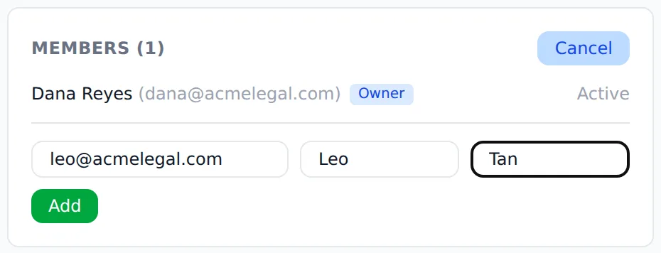 The Add member row under Members with an email, first name and last name