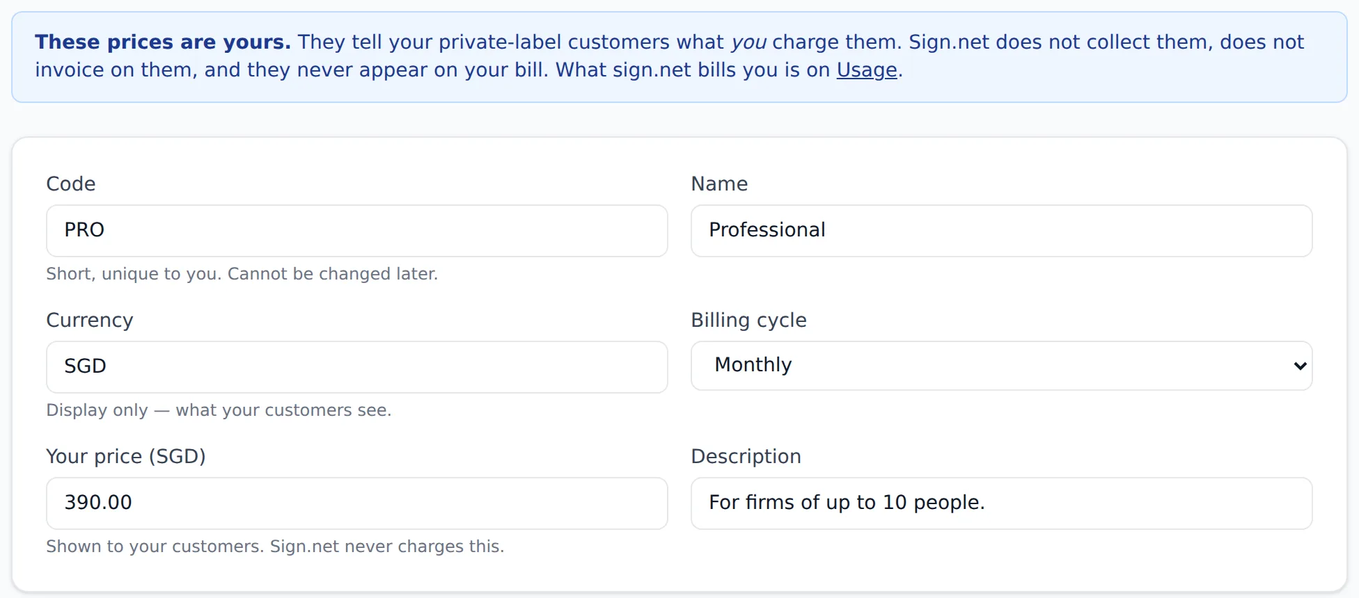 The new package form with code PRO, name Professional and a price of 390.00