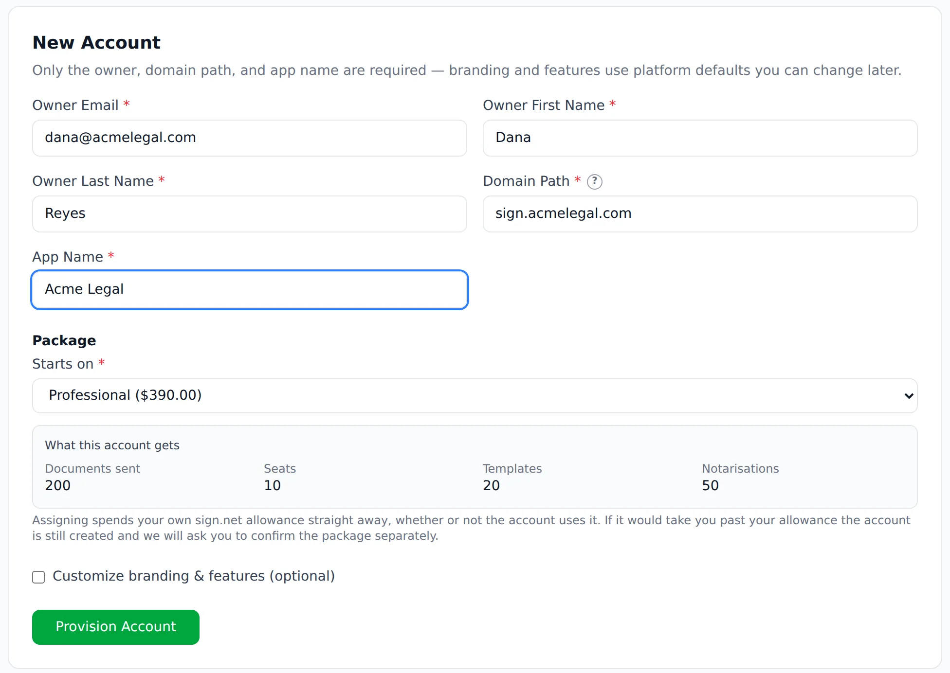 The New Account form with the owner, domain path, app name and the Professional package chosen