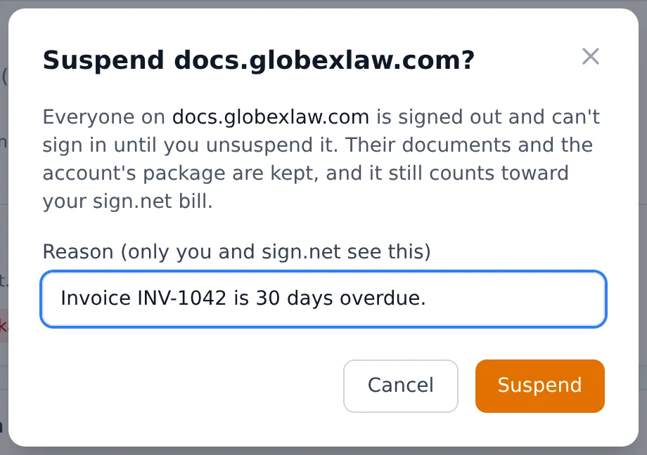 The Suspend dialog with a reason entered