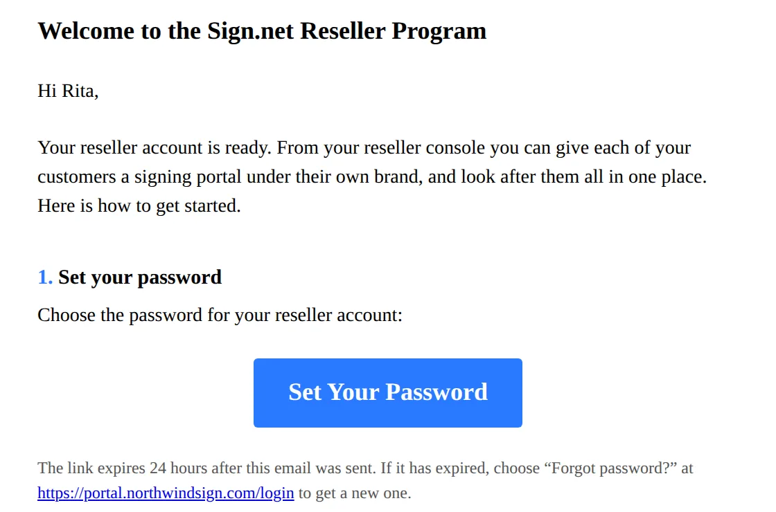 The reseller welcome email with its Set Your Password button